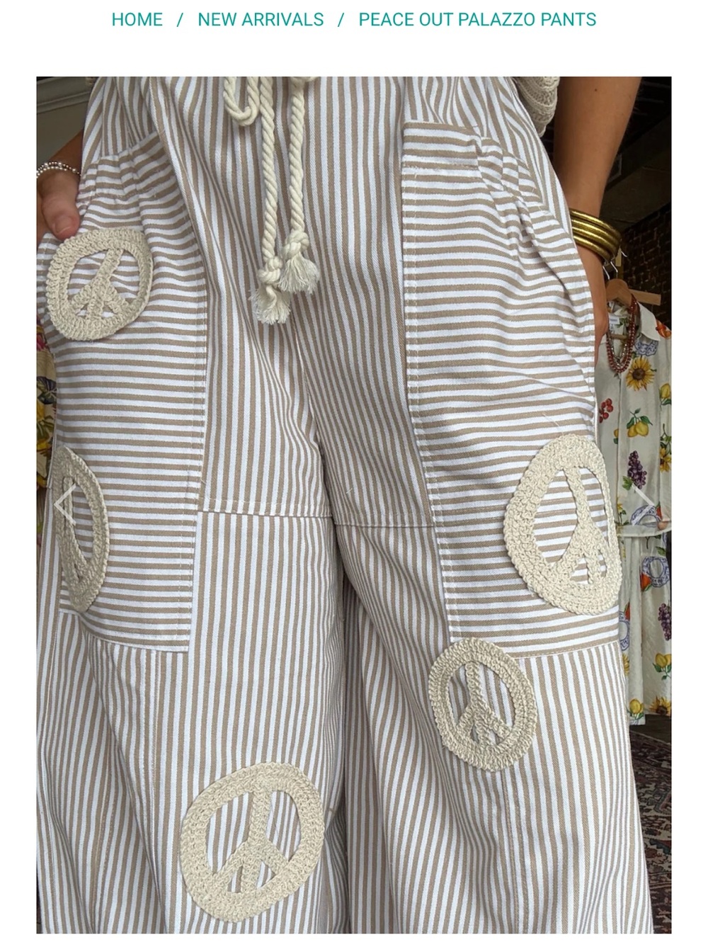 DAVI & DANI Taupe and White Striped Wide-Leg Peace Patch Pants - Picture 2 of 10